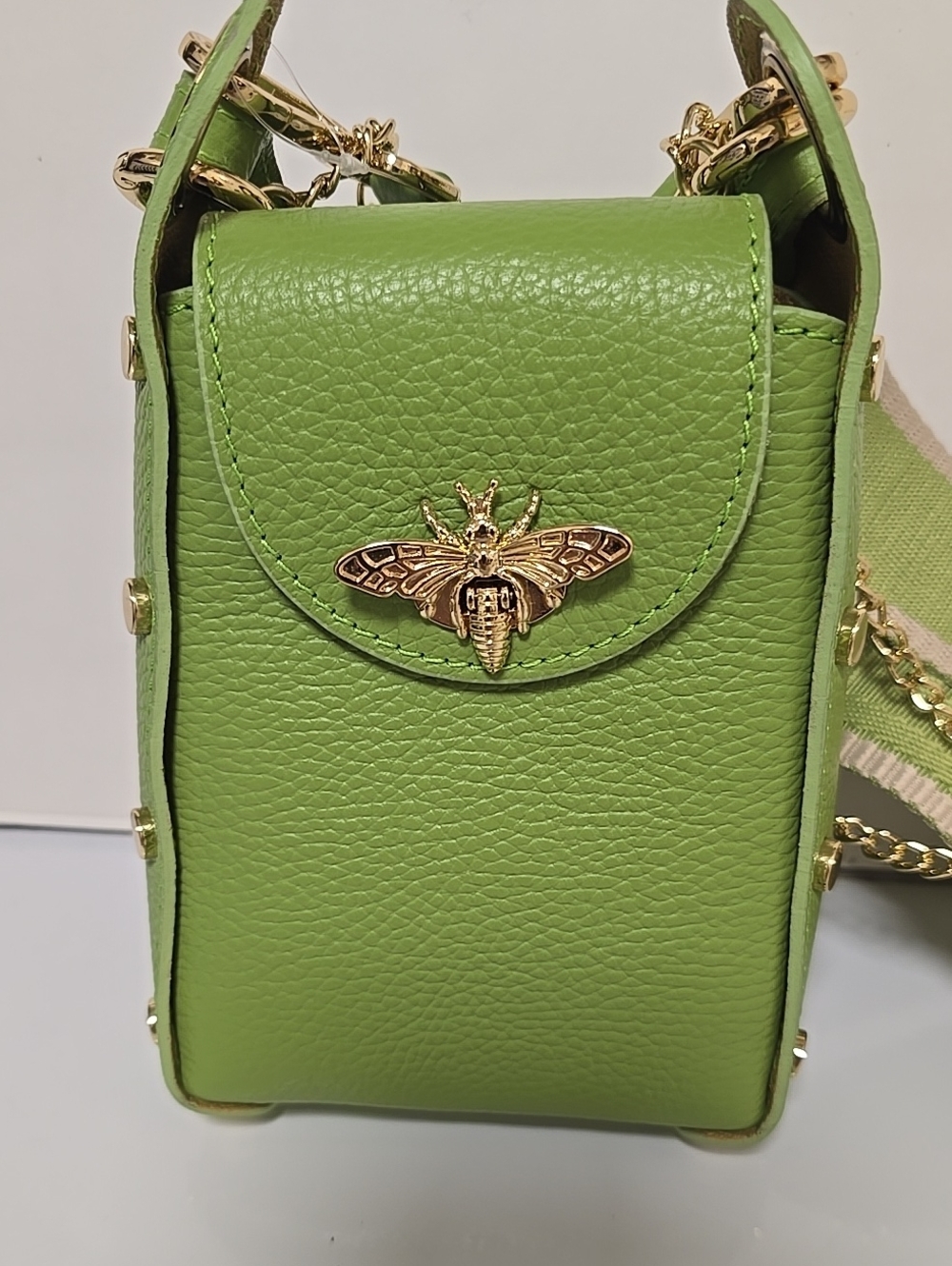 Vera Pelle Lime Green Mini Crossbody with Gold Bee Hardware